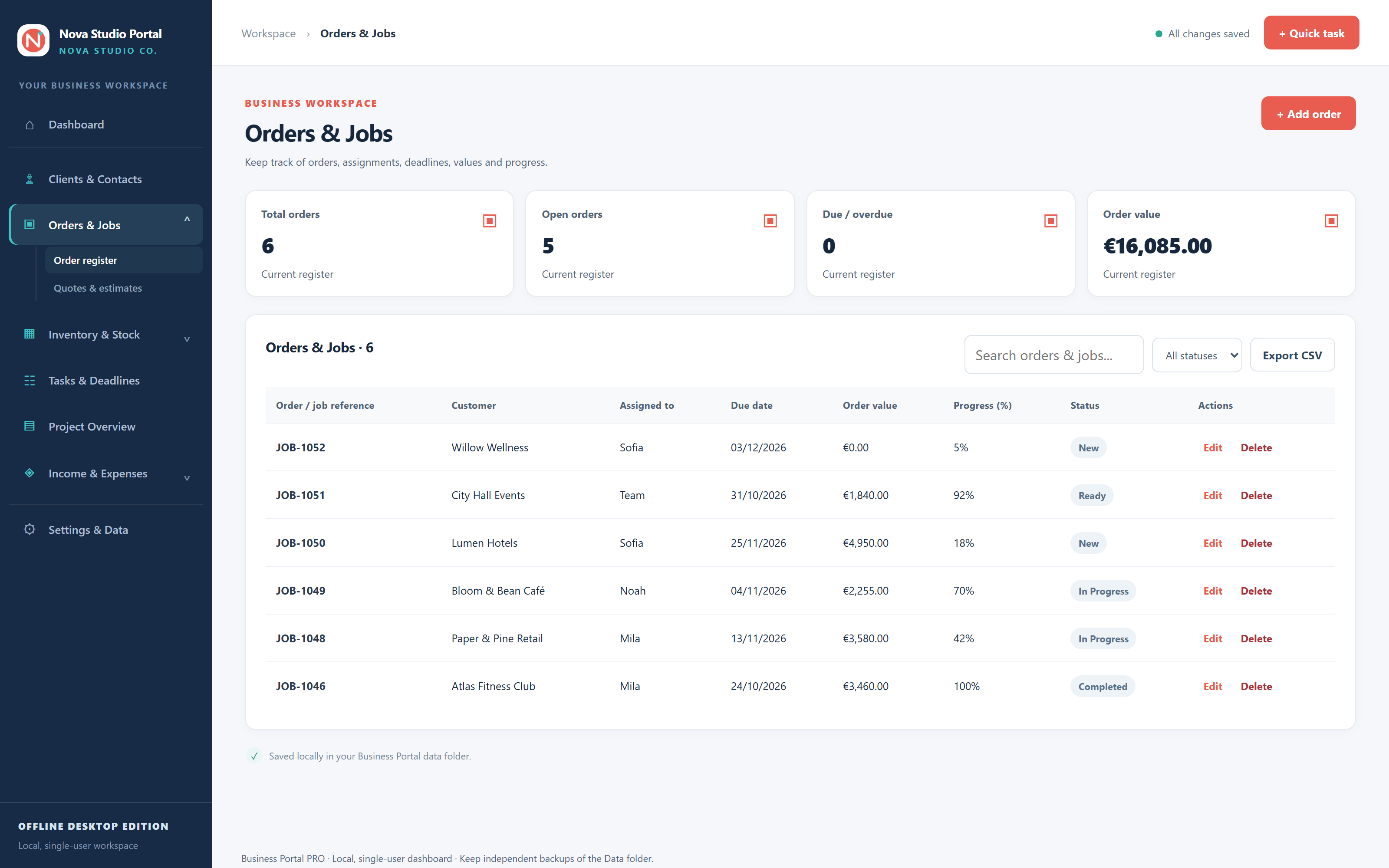 Orders and jobs register