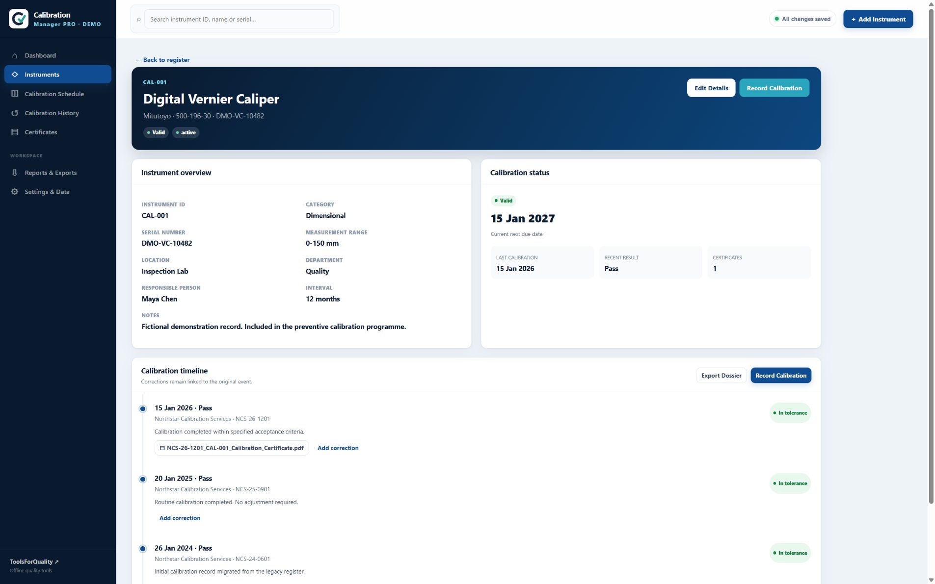 Calibration Manager PRO instrument dossier export