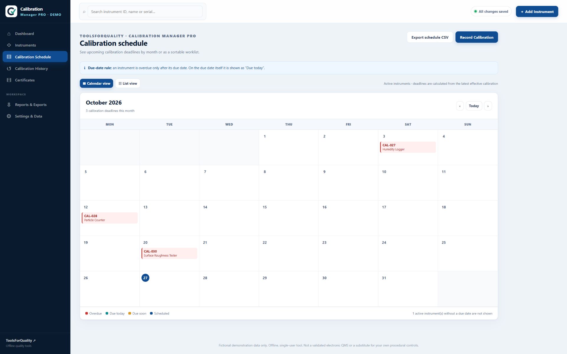 Calibration schedule calendar