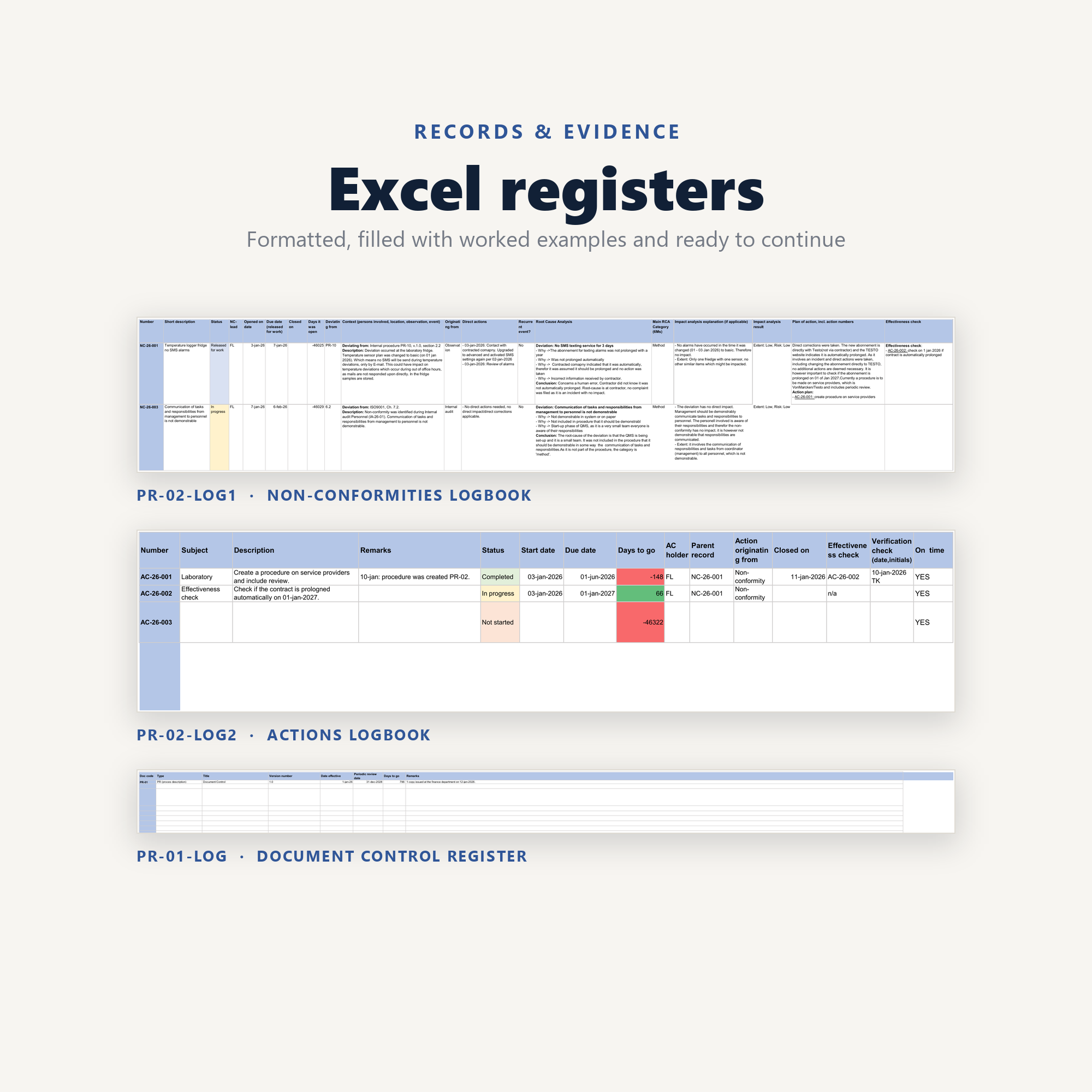 Editable Excel registers and logbooks