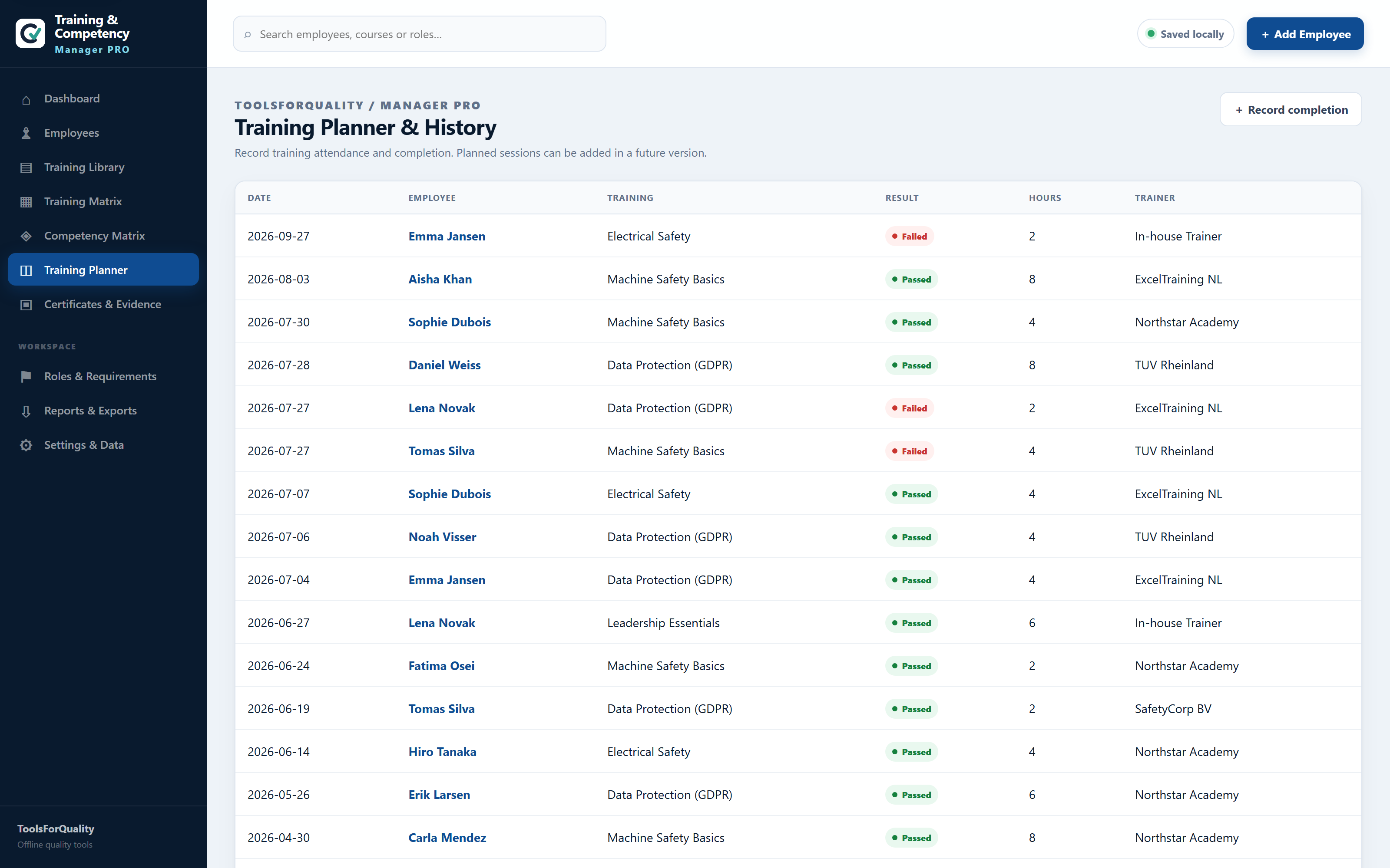 Training planner in Training Manager PRO